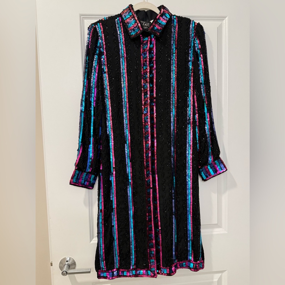 Stunning Vintage Jean for Joseph Le‎ Bon Sequin Embellished 100% Silk Dress RARE